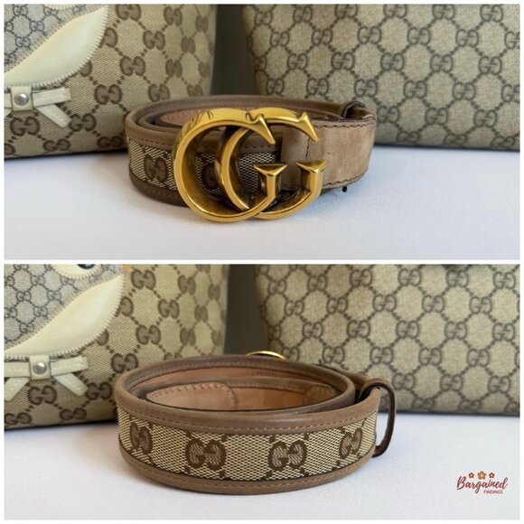Authentic GUCCI Brown Monogram Canvas Gold double G Buckle Belt 85/34 - Picture 3 of 13